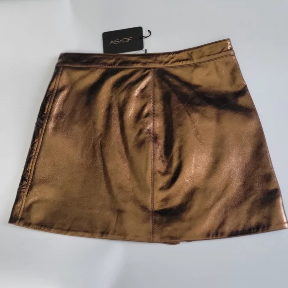 AS by DF NWT Leather  Bronze Mini Skirt 15" Zip Closure W/2 Snaps Size Small - Picture 10 of 10